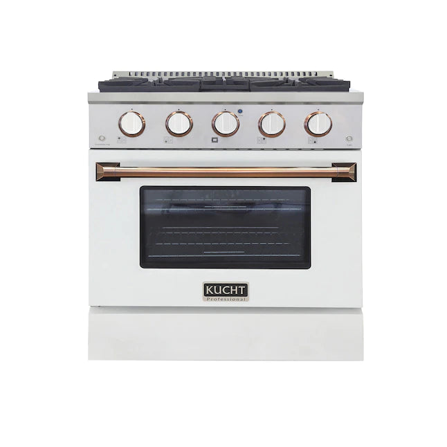 Stainless dual fuel range with white oven door, gold handle, and burner control knobs