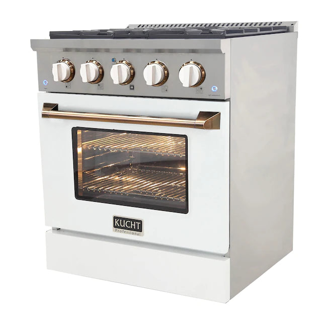 Stainless dual fuel range with lit oven glass and gold handle, shown at an angle