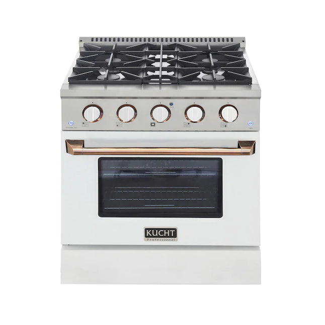 Stainless dual fuel range with black burner grates, white oven door, and gold handle