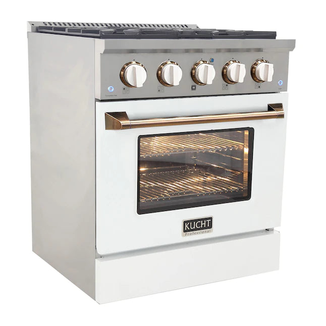 Stainless dual fuel range with silver knobs, gold handle bar, and glass oven door