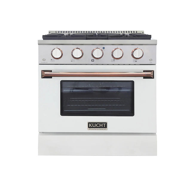 White pro-style dual fuel range with rose-gold control knobs and oven door
