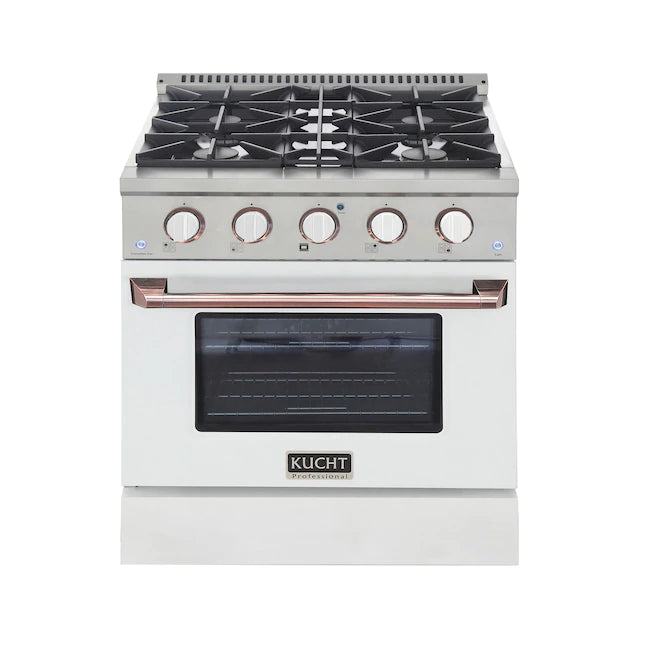 White dual fuel range with rose-gold handle bar, control knobs, and oven door