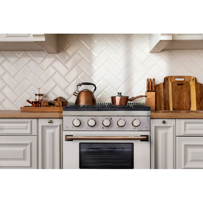 White dual fuel range with multiple burners and oven door window in kitchen