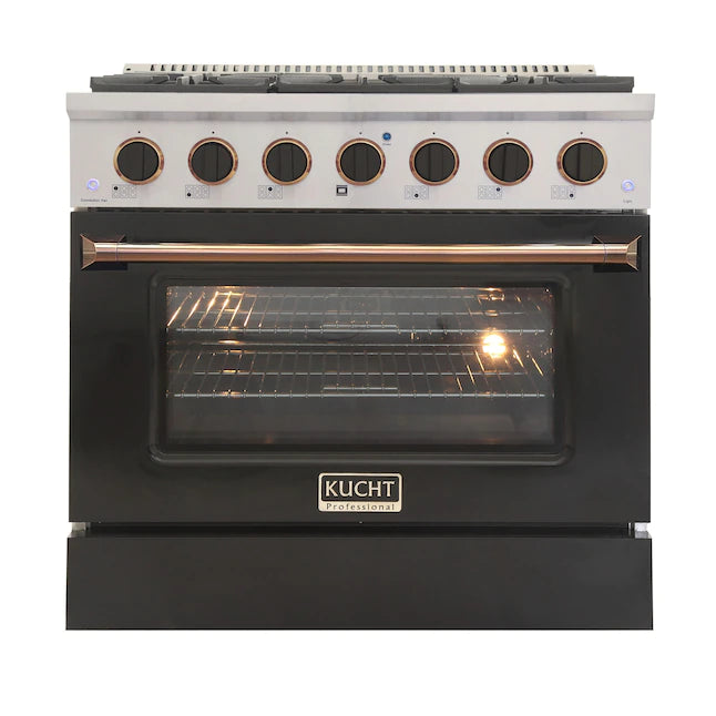 Pro-style range with black oven door, lit oven window, and row of gold-trim knobs