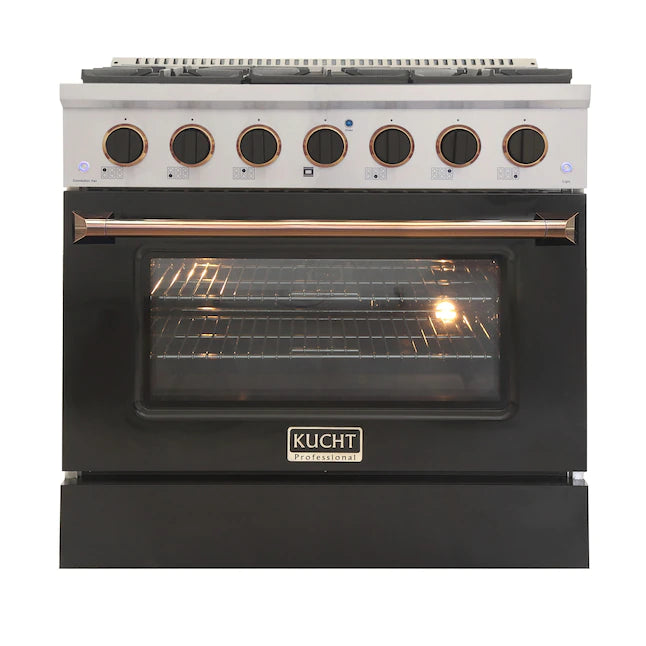Kucht Signature 36-Inch Pro-Style Dual Fuel Range in Black Oven Door & Gold Accents (KDF362-K-GOLD)