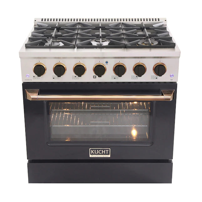 Front view of pro-style dual fuel range with lit oven window and gold-trim control knobs