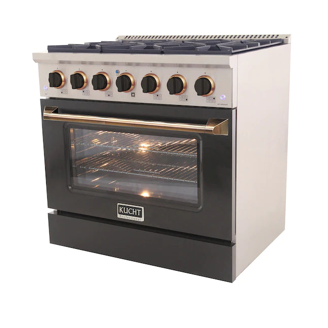 Dual fuel range with black oven window, gold-trim control knobs, and brushed metal rail
