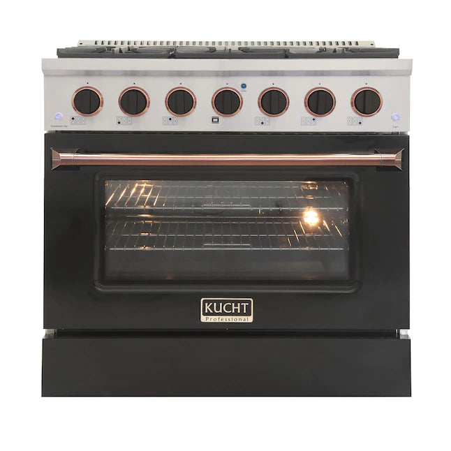Stainless dual fuel range with black oven door, copper-ring knobs, oven interior lit