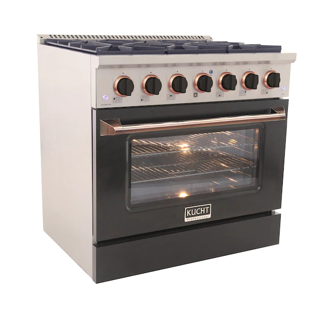 Kucht 36-inch gas range in black with black control knobs and rose gold oven handle