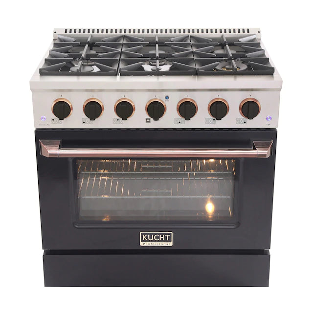 Kucht 36-inch gas range with black knobs and rose gold handle, open viewing window