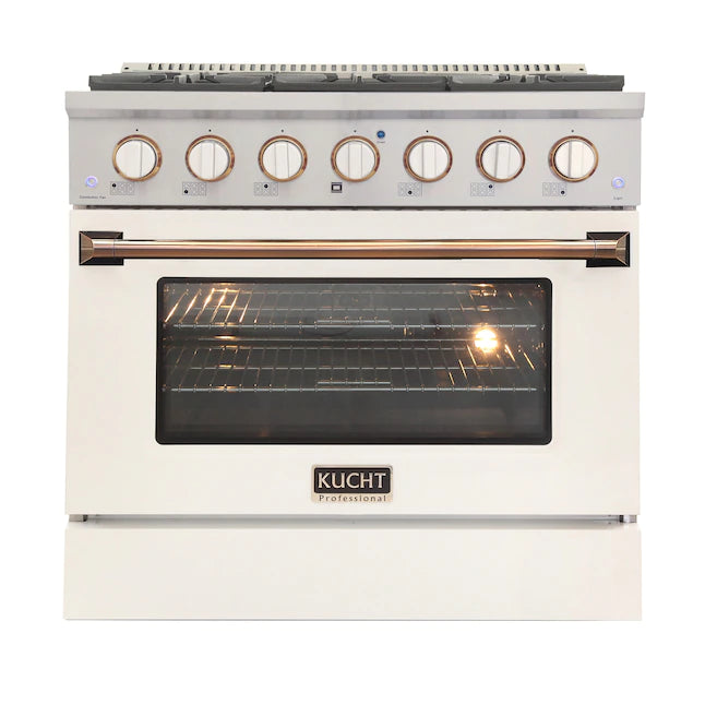 36-inch white gas range with convection oven; gold handle; white knobs; lit oven window