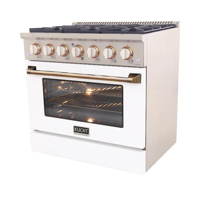 White 36-inch gas range with convection oven; gold handle; six burner knobs and closed door