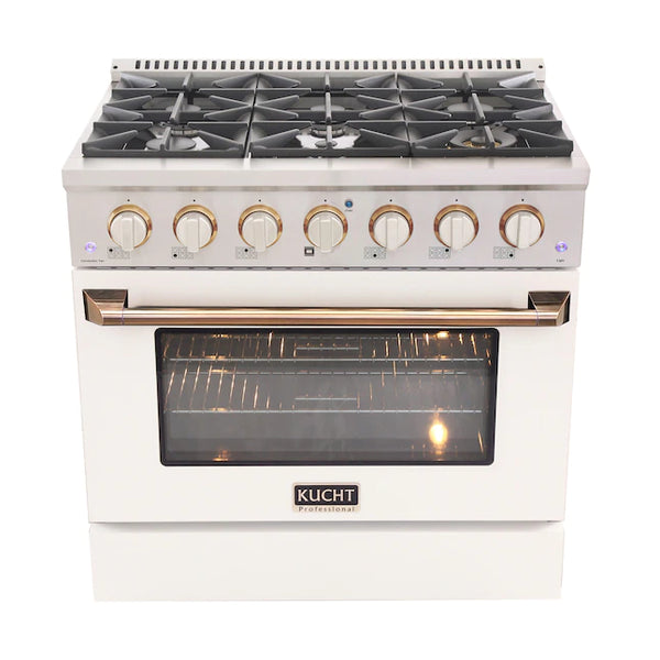 Kucht Signature 36" Gas Range with Convection Oven in White with White Knobs & Gold Handle (KNG361-W-GOLD)