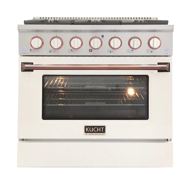 White gas range front view with convection oven door open, rose-gold trim and knobs