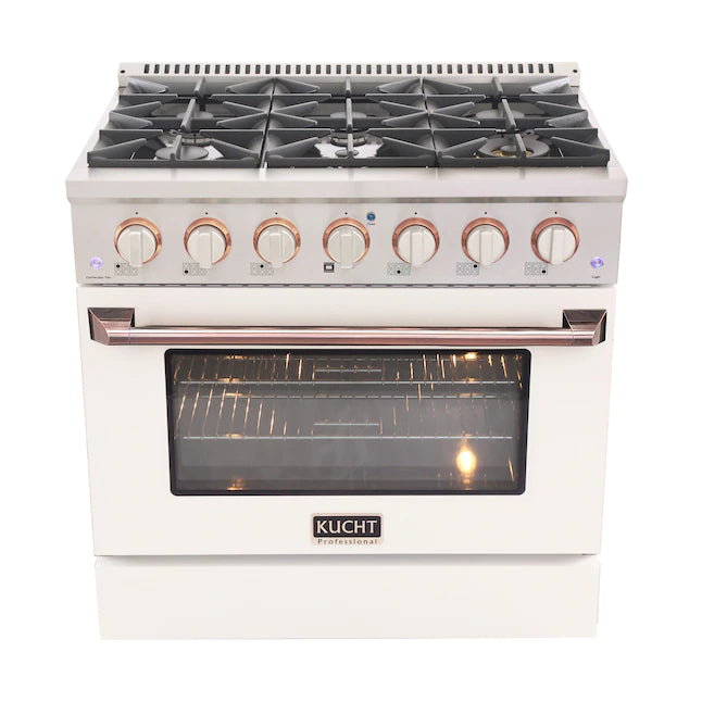 Kucht Signature 36-Inch Pro-Style Dual Fuel Range in White Oven Door & Rose Gold Accents (KDF362-W-ROSE)