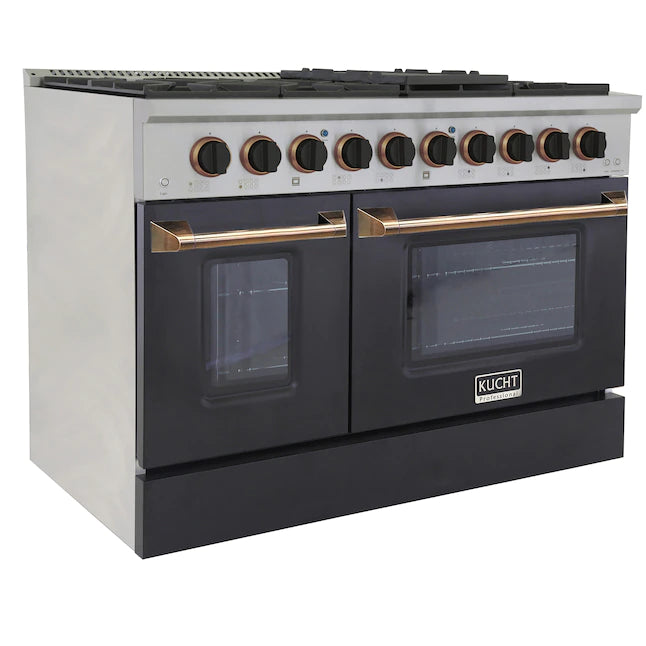 Pro-style range front view with black doors, gold trim handles, and knob panel
