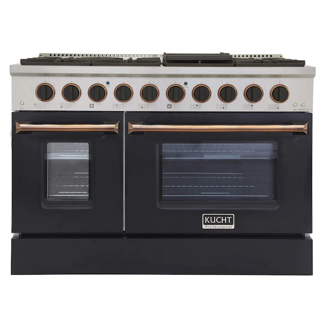 Pro-style dual fuel range with two black oven doors and gold control knobs