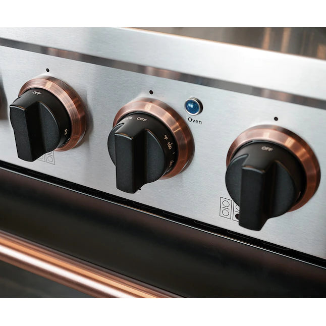 Kucht control panel with black oven and burner knobs and rose gold knob accents