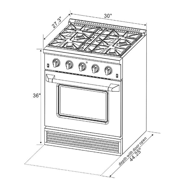 Stainless 30-inch dual fuel range with burners and black oven door, shown with measurements
