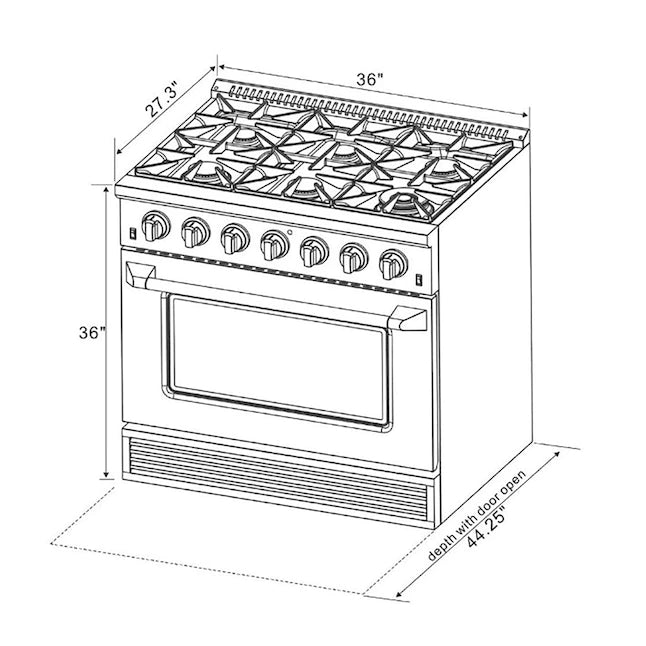 36-inch white gas range with convection oven diagram showing dimensions and open-door depth
