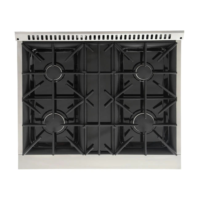Stainless dual fuel range cooktop with four black gas burners and grates