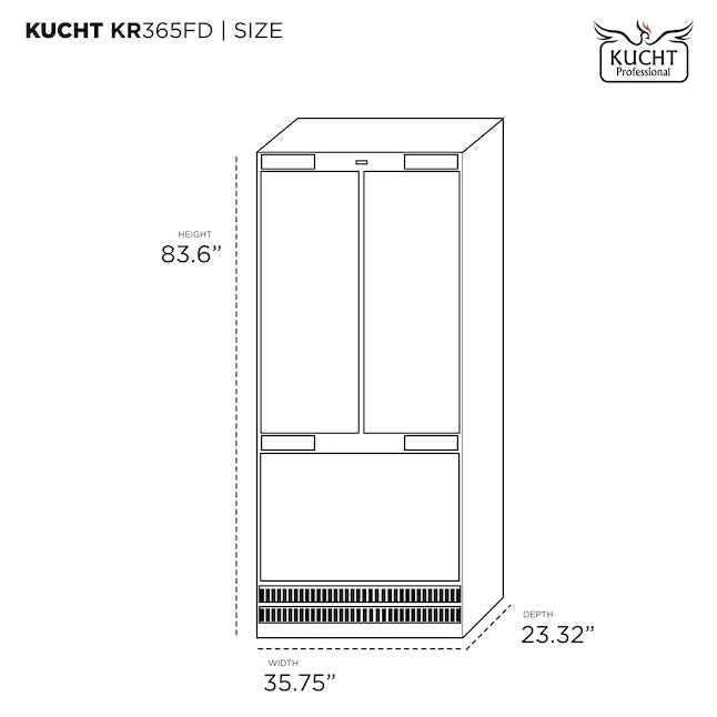 Kucht KR365FD refrigerator dimension diagram, counter-depth built-in layout
