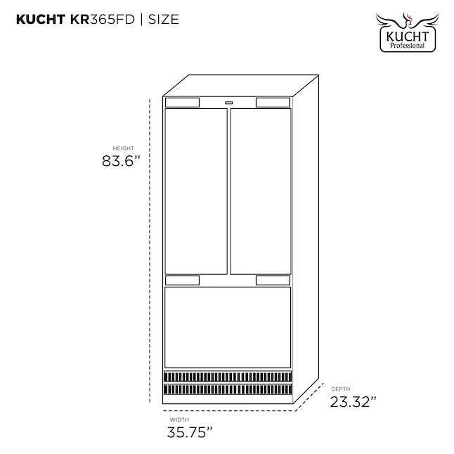 Kucht 36-Inch Built-In 19.6 Cu. Ft. French Door Refrigerator in Custom Panel Ready, Counter Depth, with Ice Maker (KR365FD)