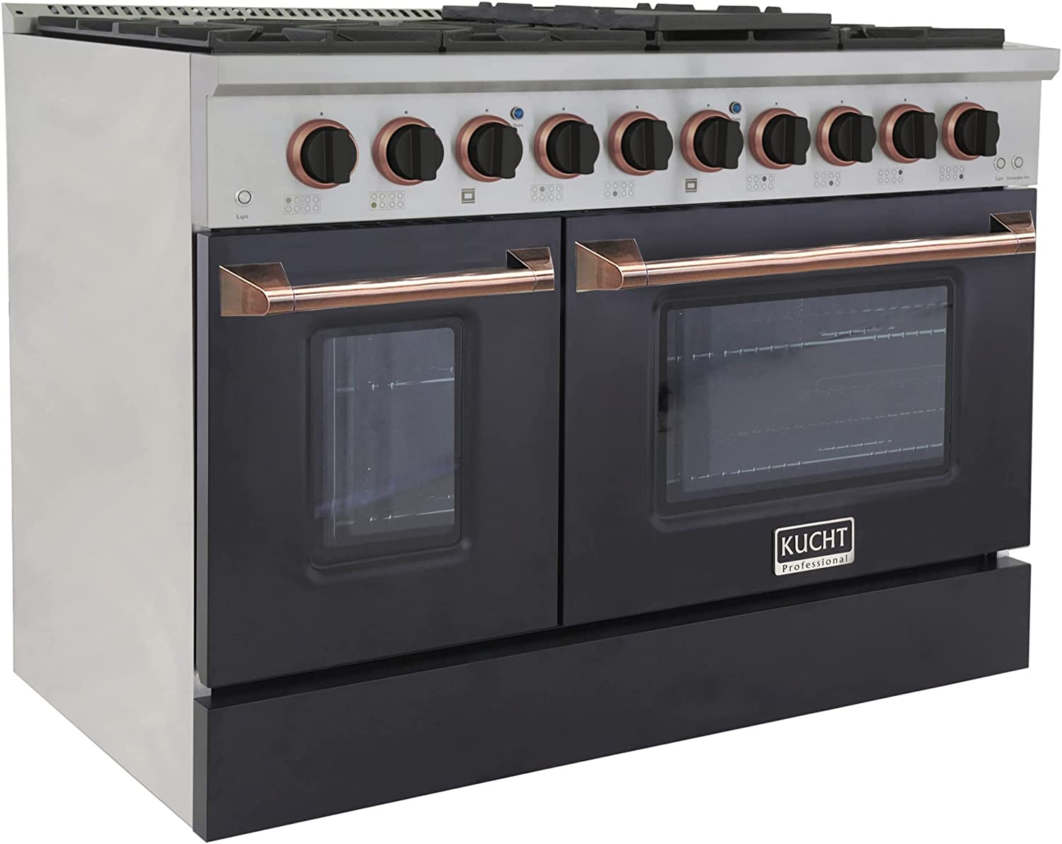 Black gas range front with two oven windows, rose-gold bar handles, and burner knobs