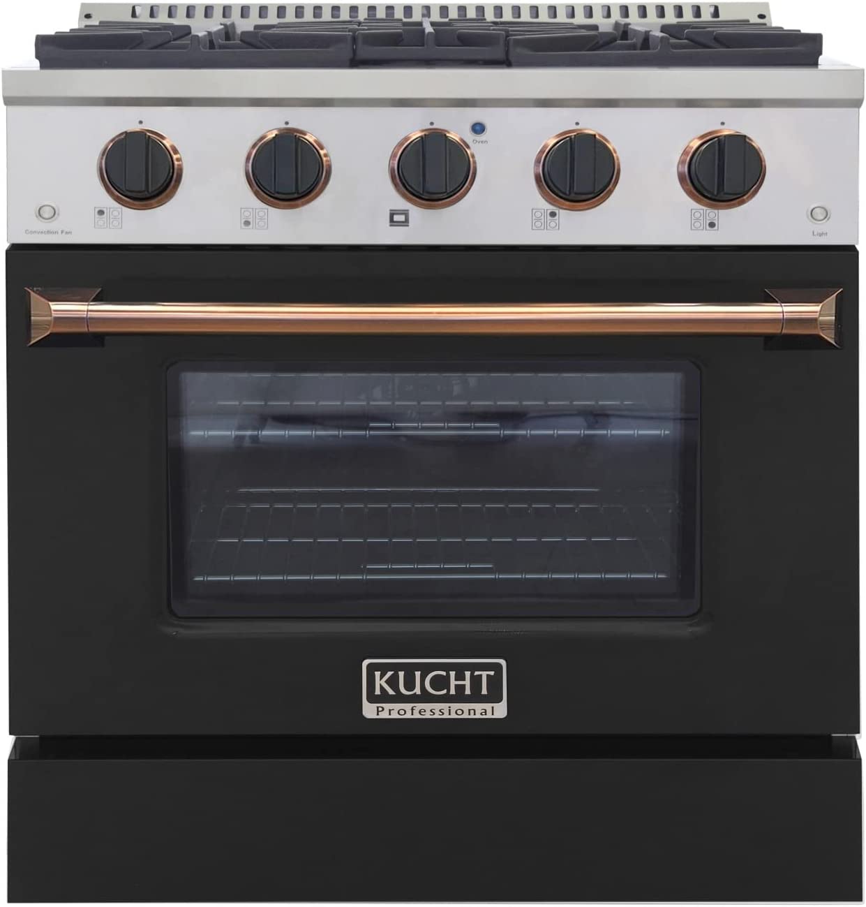 Black gas range with convection oven door window and black control knobs, gold handle