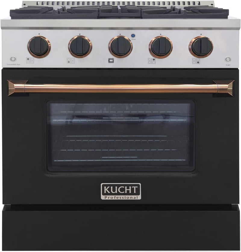 Kucht Signature 30" Gas Range with Convection Oven in Black with Black Knobs & Gold Handle (KNG301-K-GOLD)