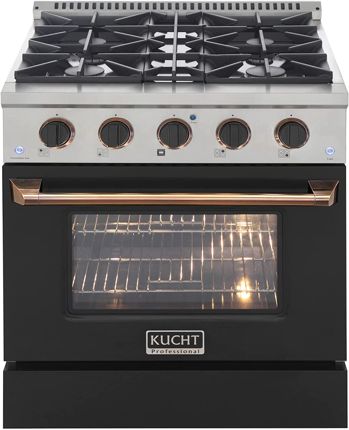Black gas range with convection oven, black knobs, gold handle