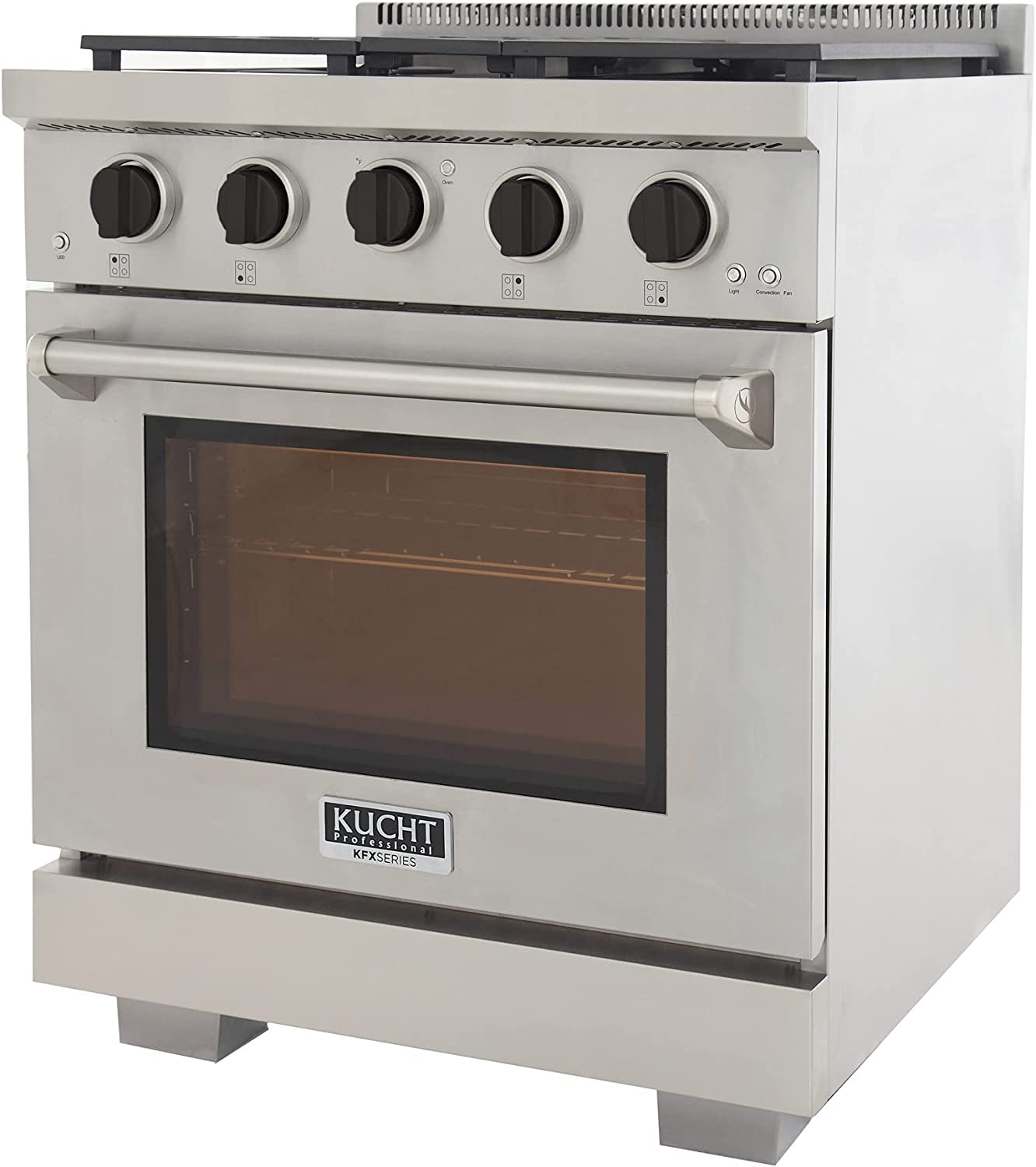 Stainless steel 30-inch gas range with black knobs, oven handle, and door window