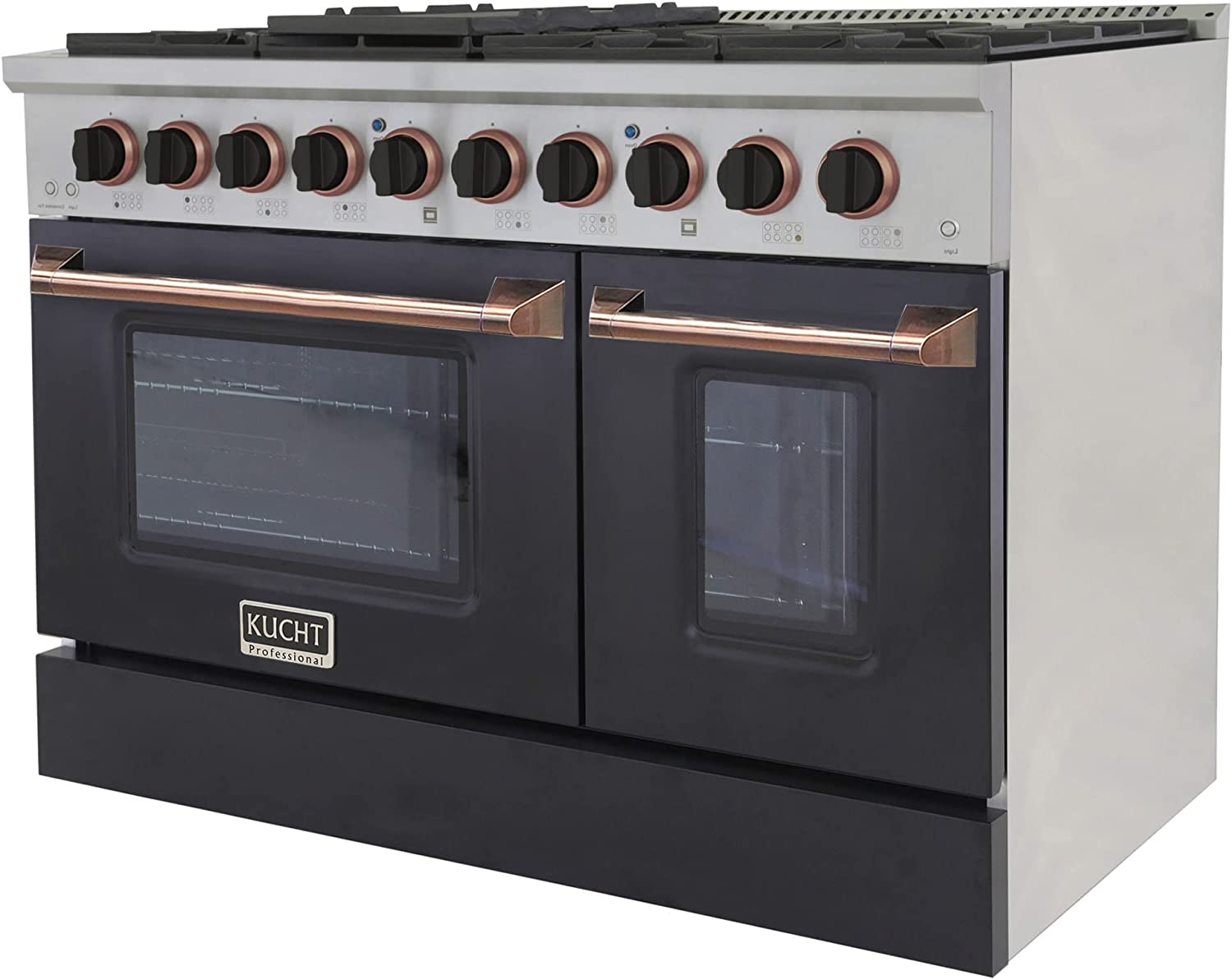 Black gas range with two glass oven doors, copper handles, and control knobs