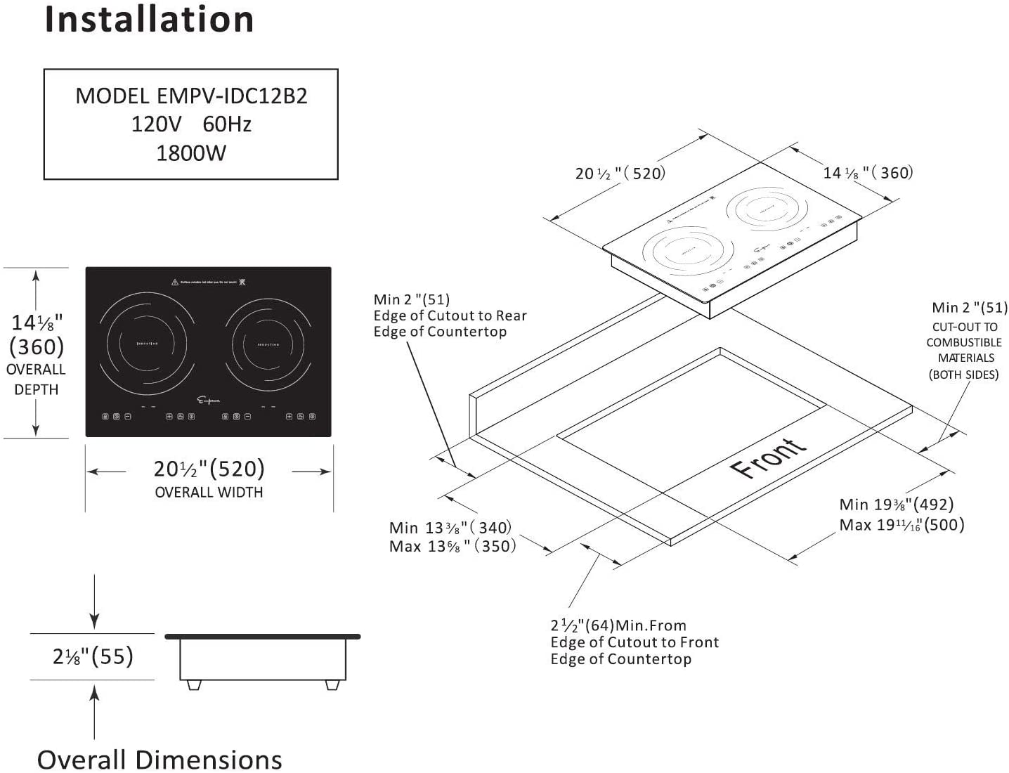 Induction cooktop installation diagram with overall dimensions and cutout measurements