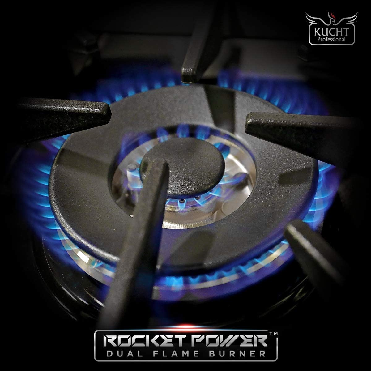 Gas burner with dual blue flames around a central port, close-up