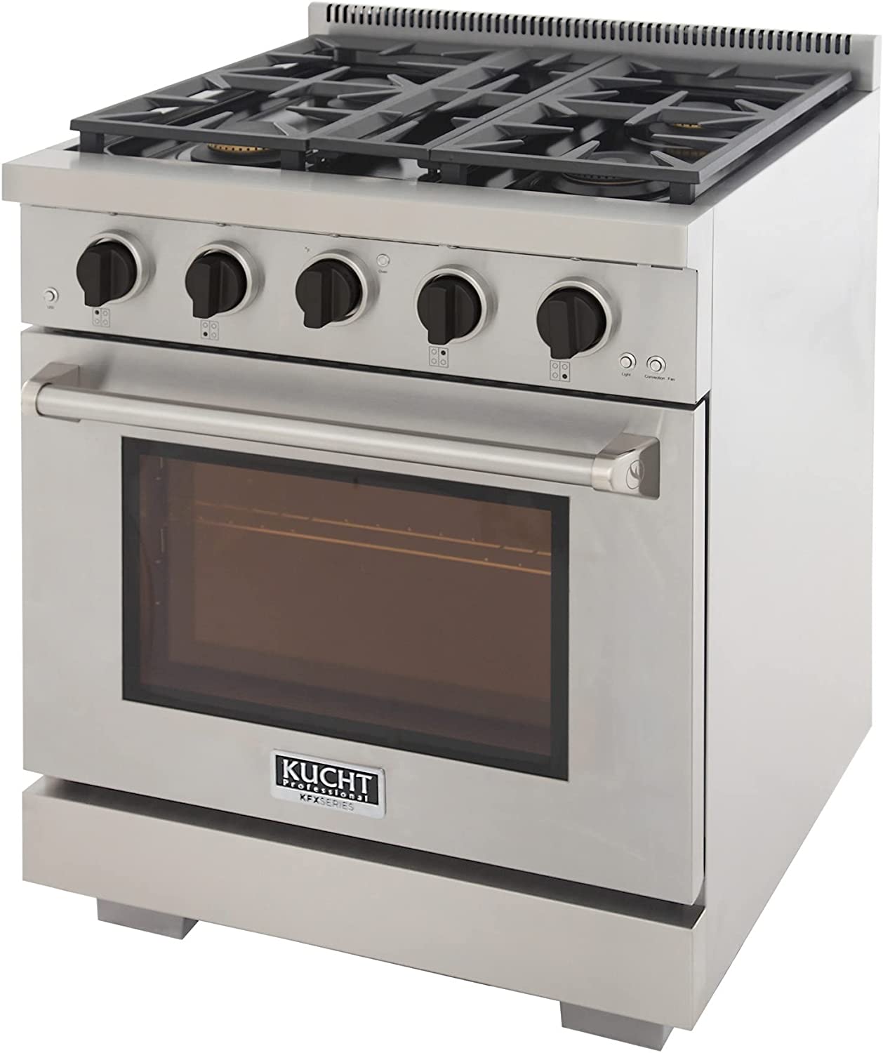 Stainless steel gas range front view with black knobs and oven window