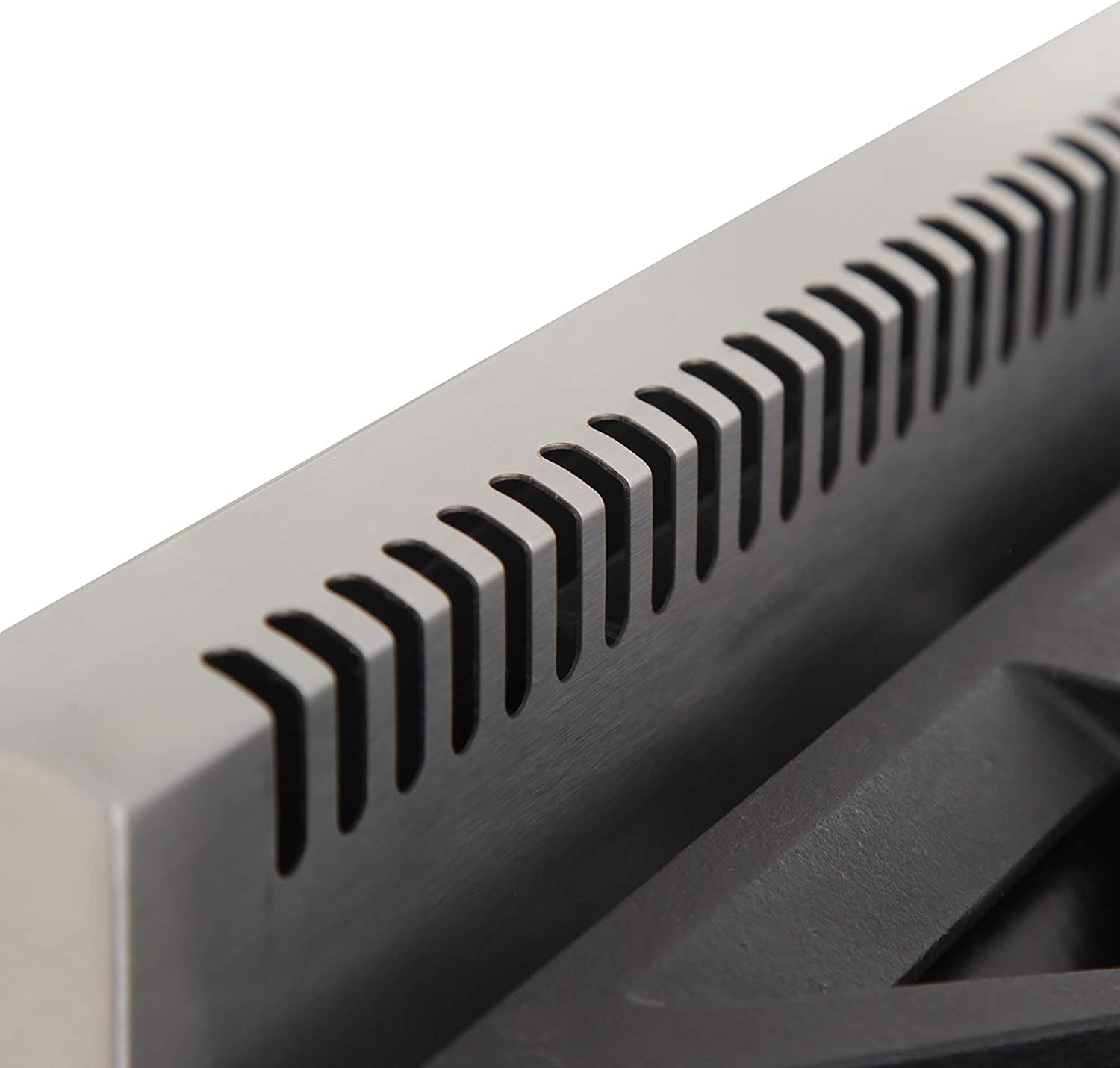 Stainless steel control panel with vent slots and fan/lighting controls on a gas range