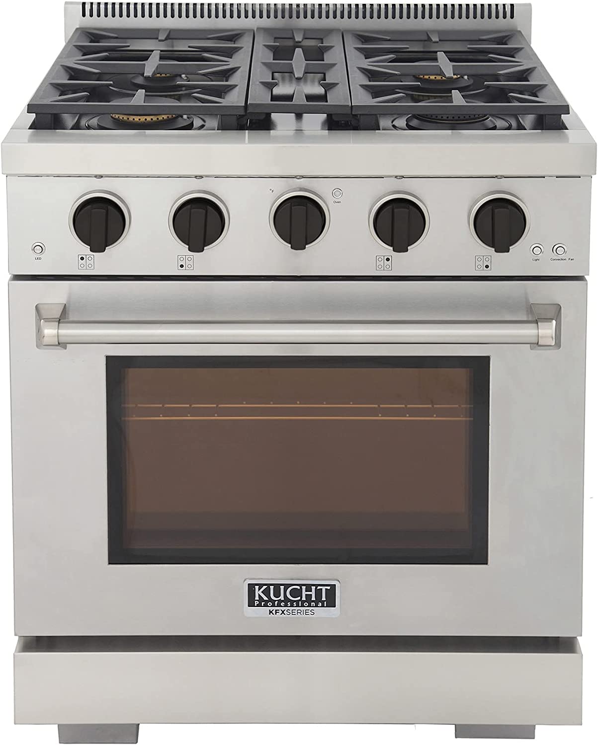 Stainless steel gas range with black control knobs and glass oven door