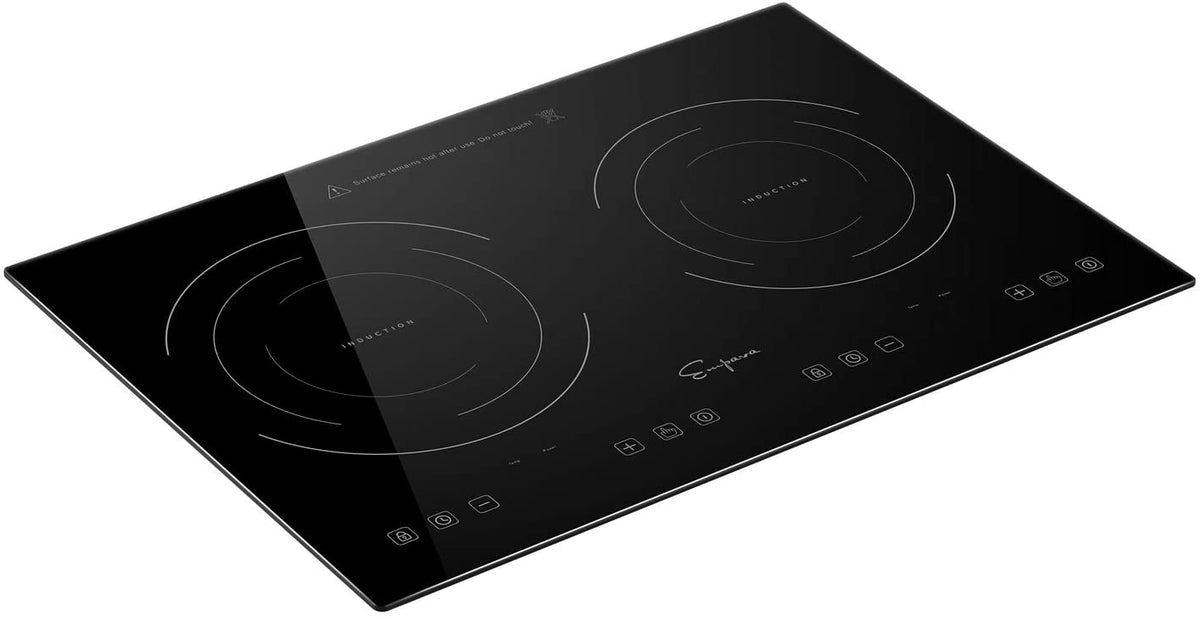 Black 21-inch 2-burner induction cooktop with touch controls and circular burner zones