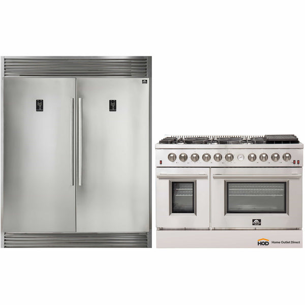 Forno 2-Piece Appliance Package - 48-Inch Gas Range with Air Fryer & 56-Inch Pro-Style Refrigerator in Stainless Steel
