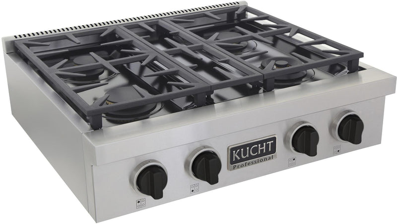 Kucht 30-Inch 4 Burner Gas Rangetop in Stainless Steel with Toxedo Black Knob (KFX309T-K)