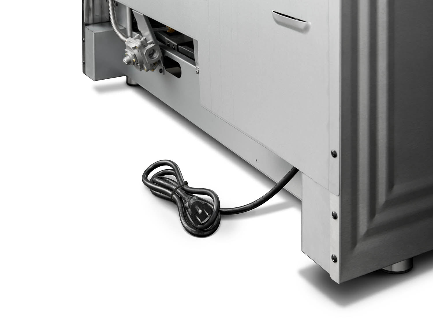 Stainless steel dishwasher with power cord connection at lower panel