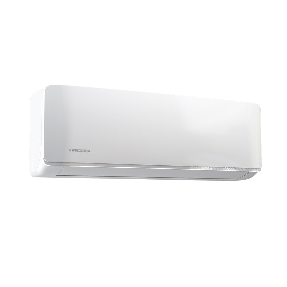 White ductless indoor air handler, wall-mounted style with front vent grille