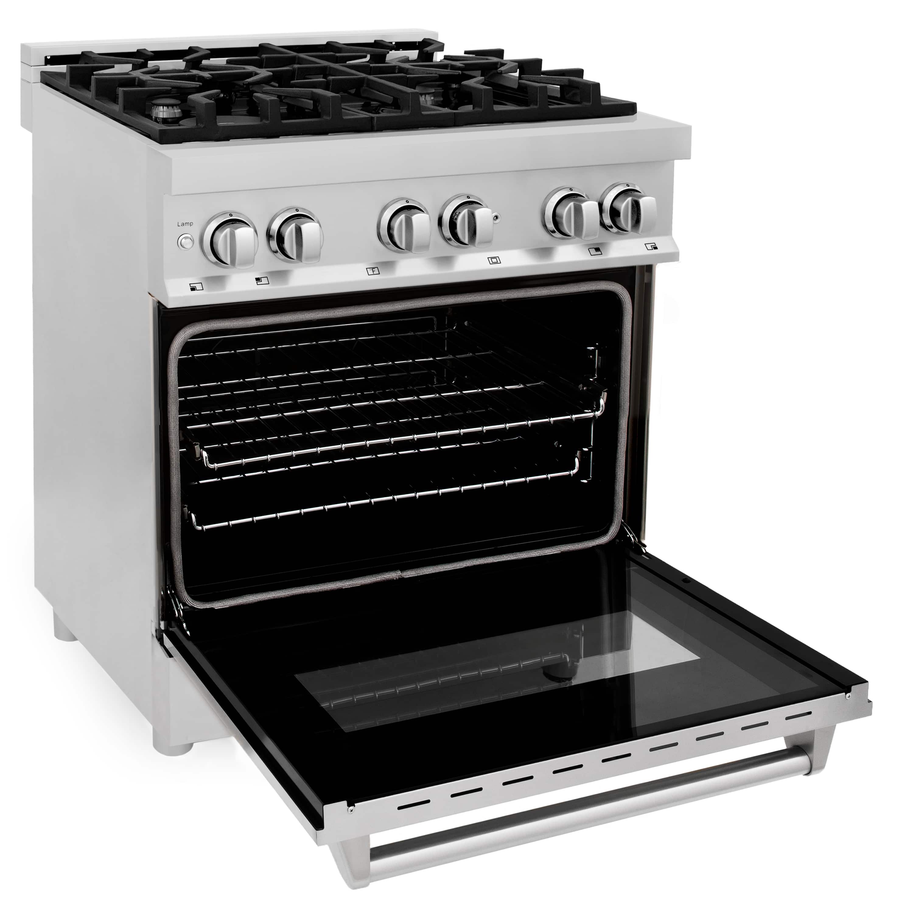 Stainless steel dual-fuel range with open oven door and visible oven cavity