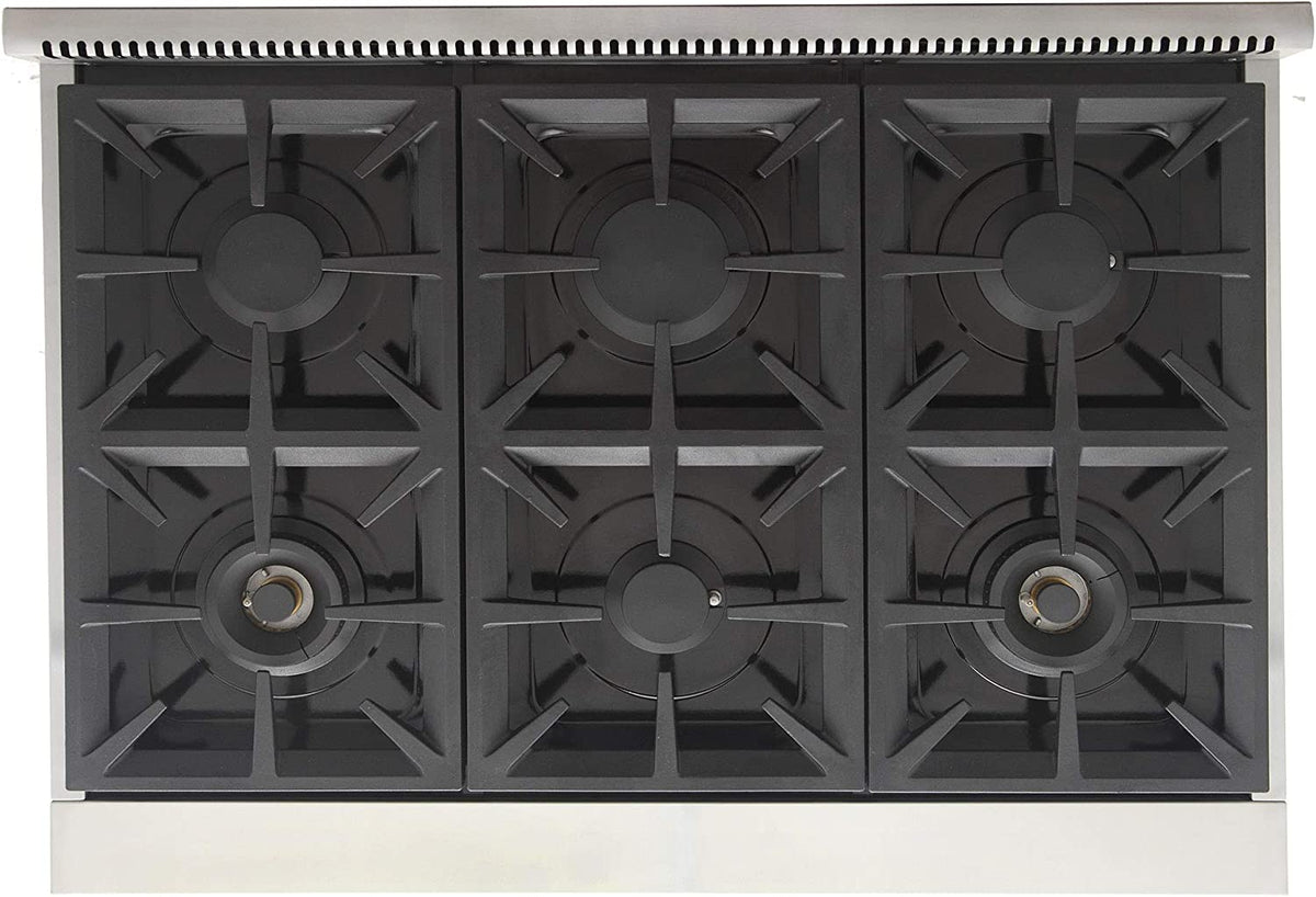 Black six-burner cooktop with cast grates on stainless steel range