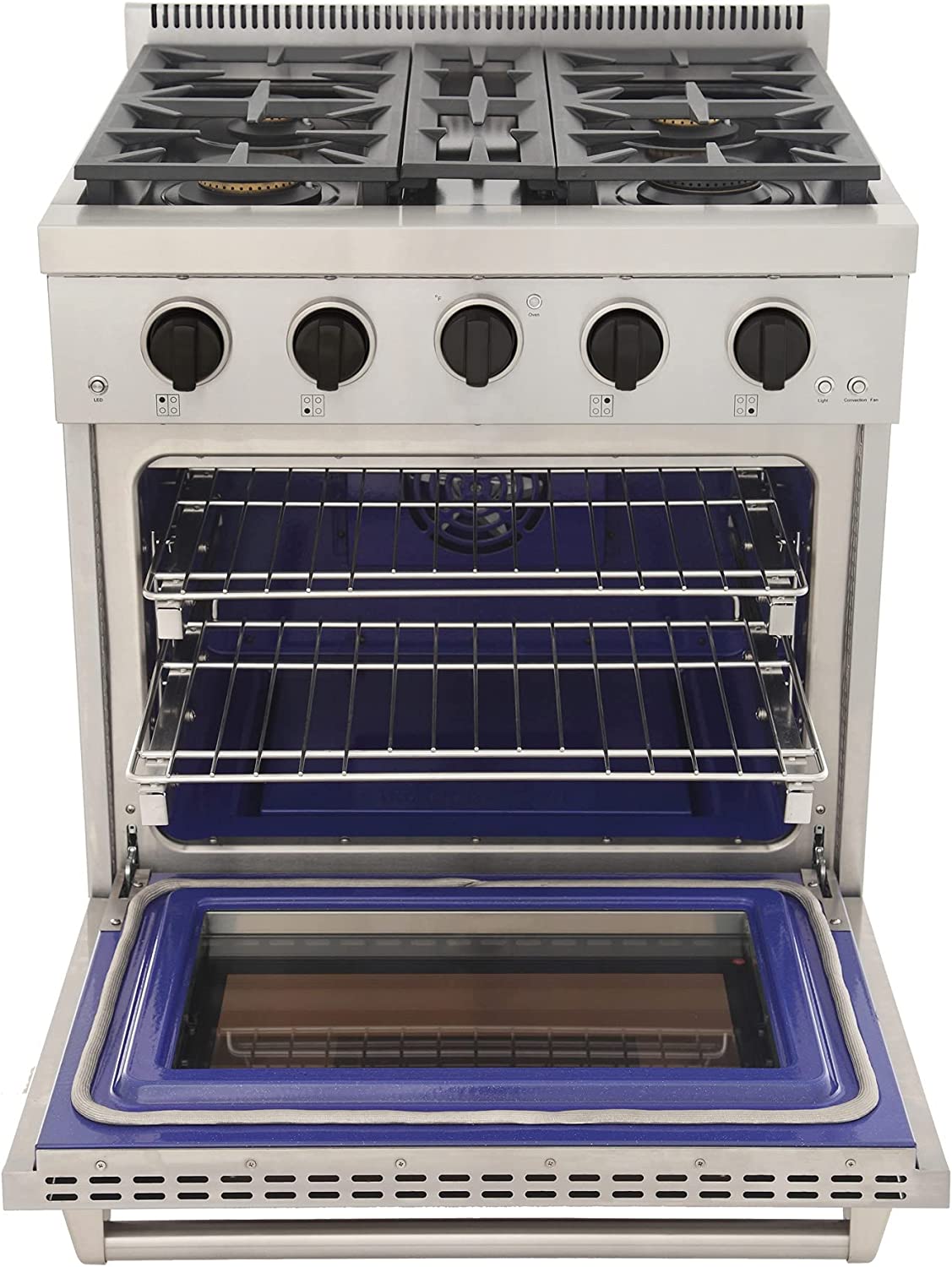 Stainless steel gas range with open oven showing wire racks and blue interior
