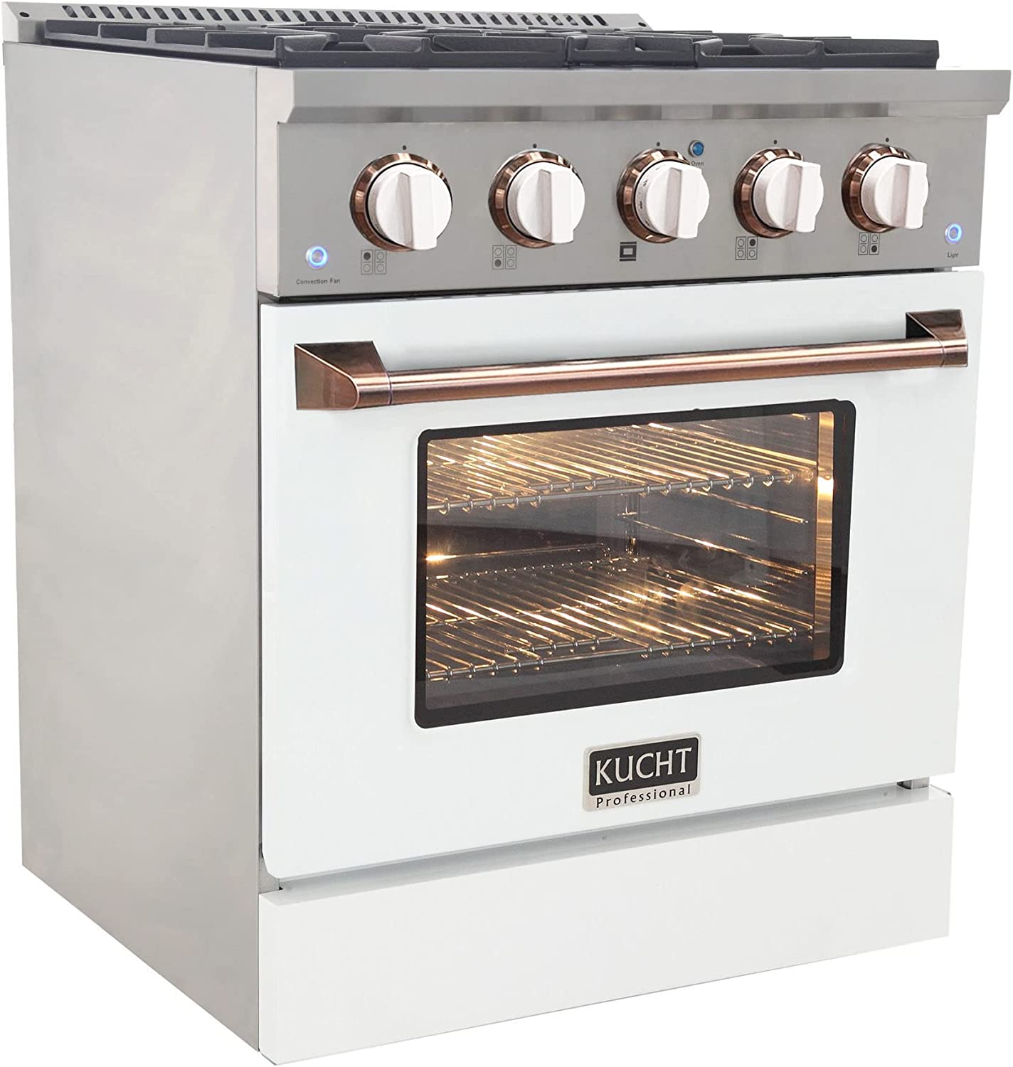 White gas range with five burner knobs, rose-gold oven handle, and lit oven interior