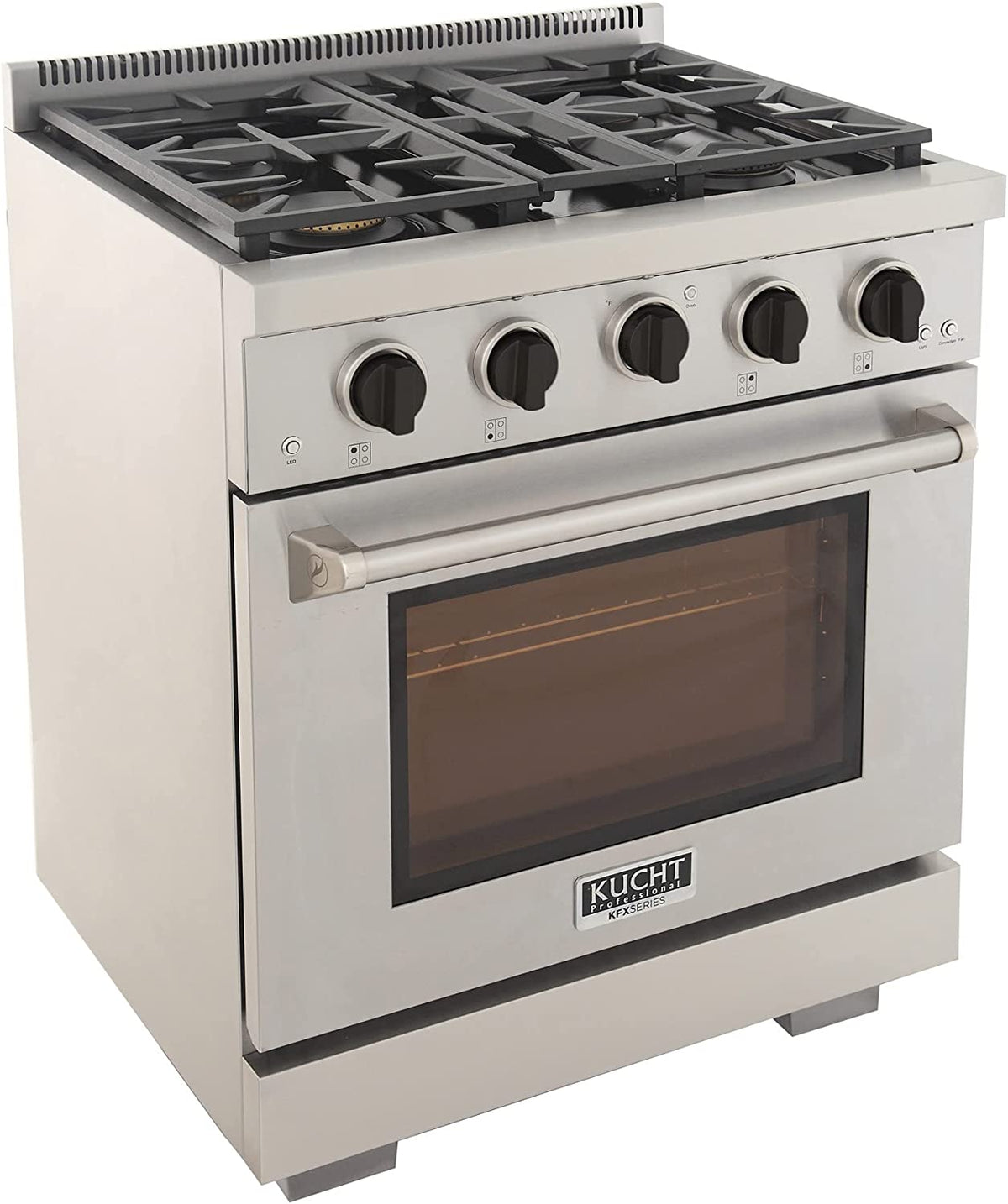Stainless steel gas range with black knobs, grates, and oven door handle