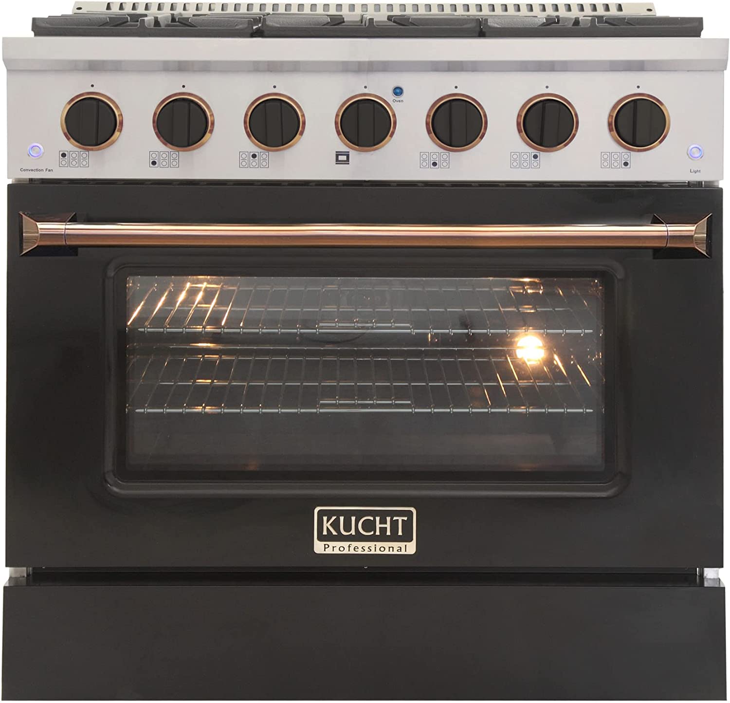 Stainless gas range with glowing oven window and six black control knobs