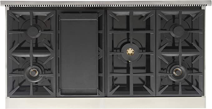 Stainless gas range cooktop with black grates and four burners